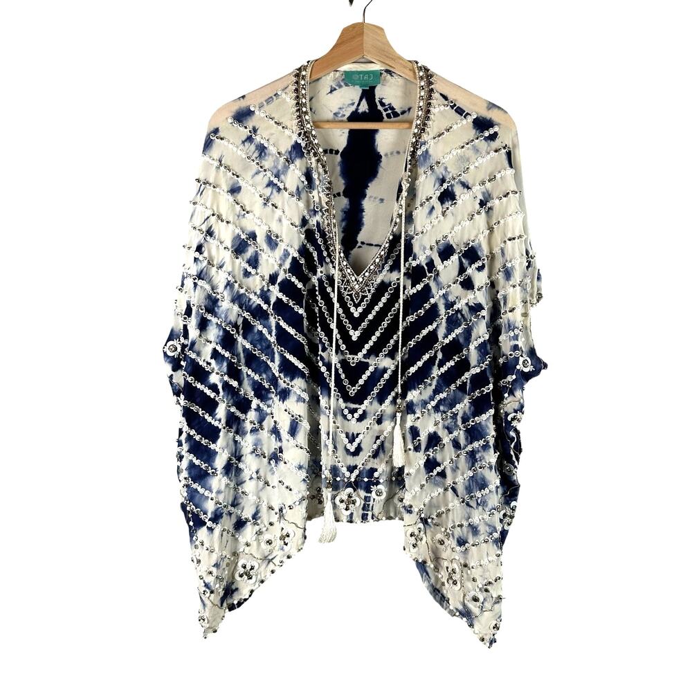Taj by Sabrina Crippa Blue and White Beaded Kaftan Silk Blouse Size S Cover Up